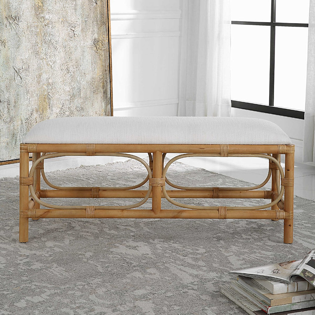 Laguna White Fabric Rattan Bench - Bombay Mercantile