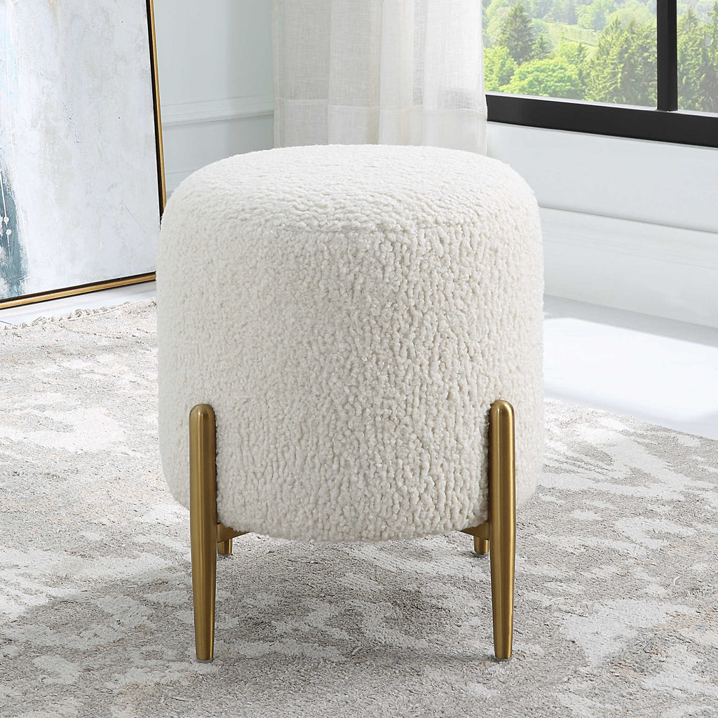 Arles White Shearling Brass Ottoman - Bombay Mercantile