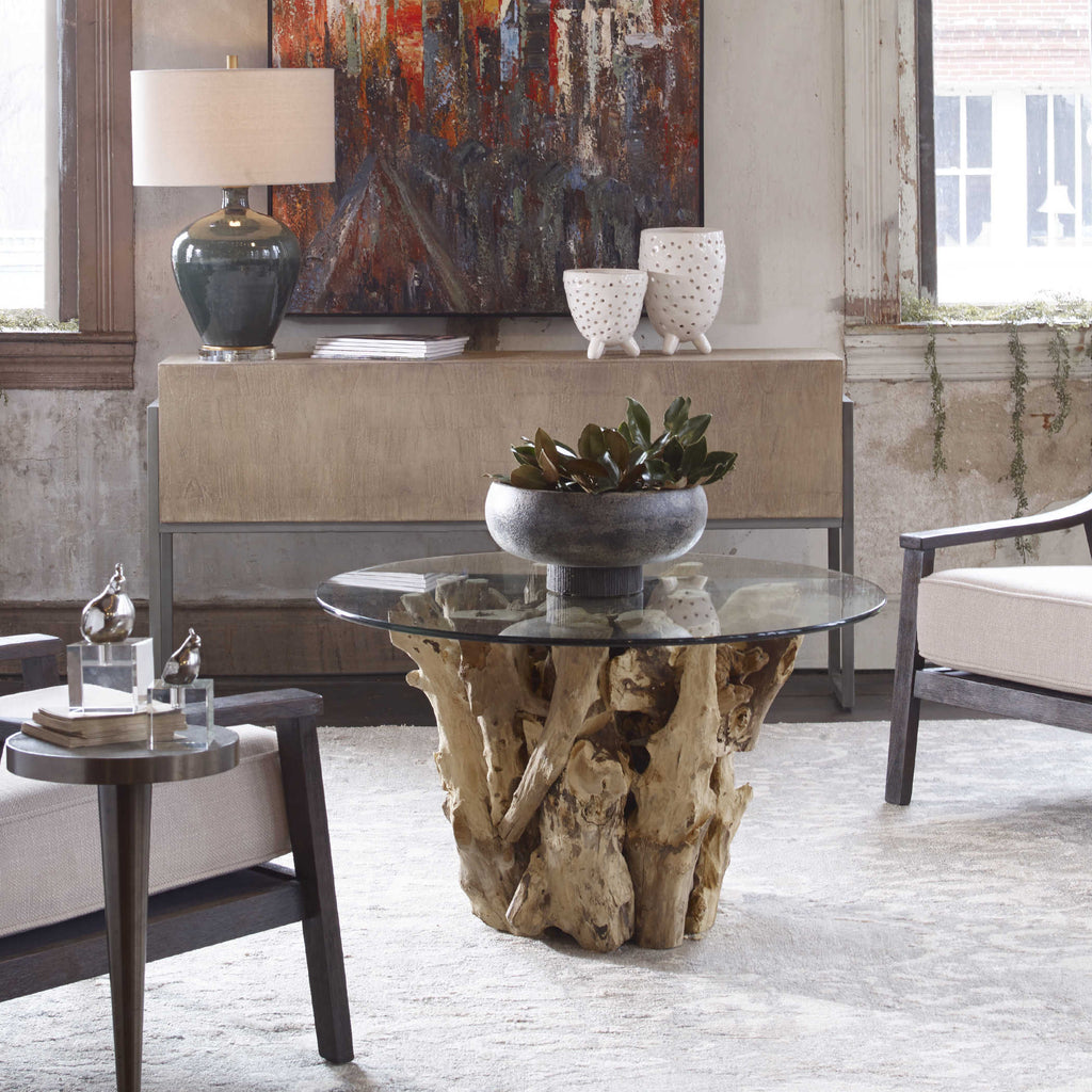 Driftwood Glass Top Cocktail Table - Bombay Mercantile