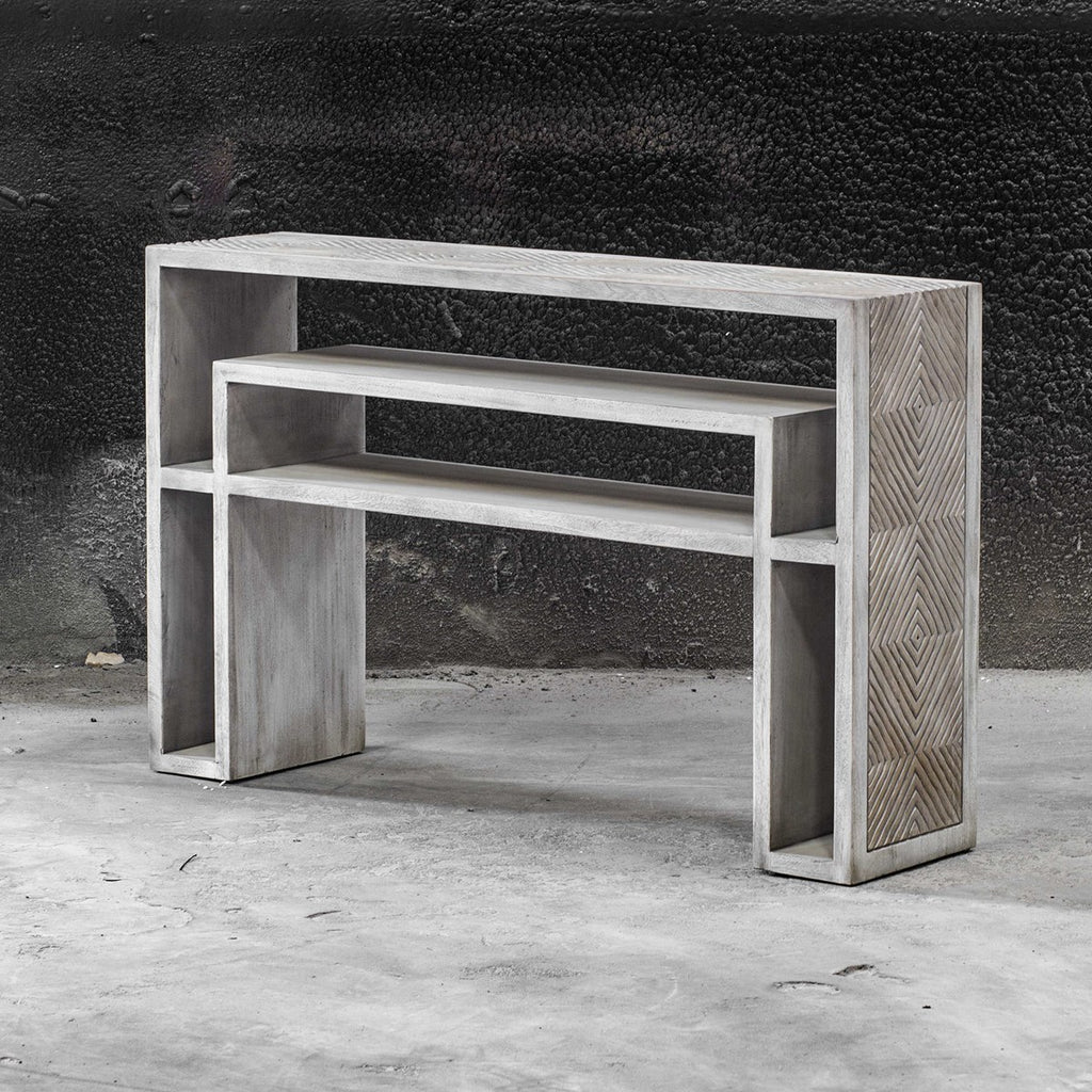 Genara Bone White Carved Console Table - Bombay Mercantile