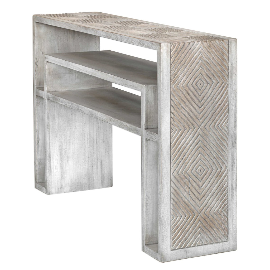 Genara Bone White Carved Console Table - Bombay Mercantile