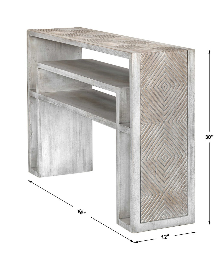 Genara Bone White Carved Console Table - Bombay Mercantile