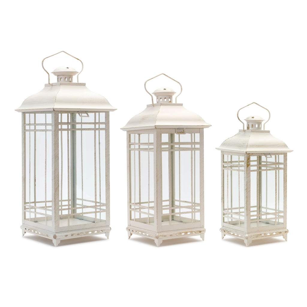 White, Set of 3 Grilled Lantern - Bombay Mercantile