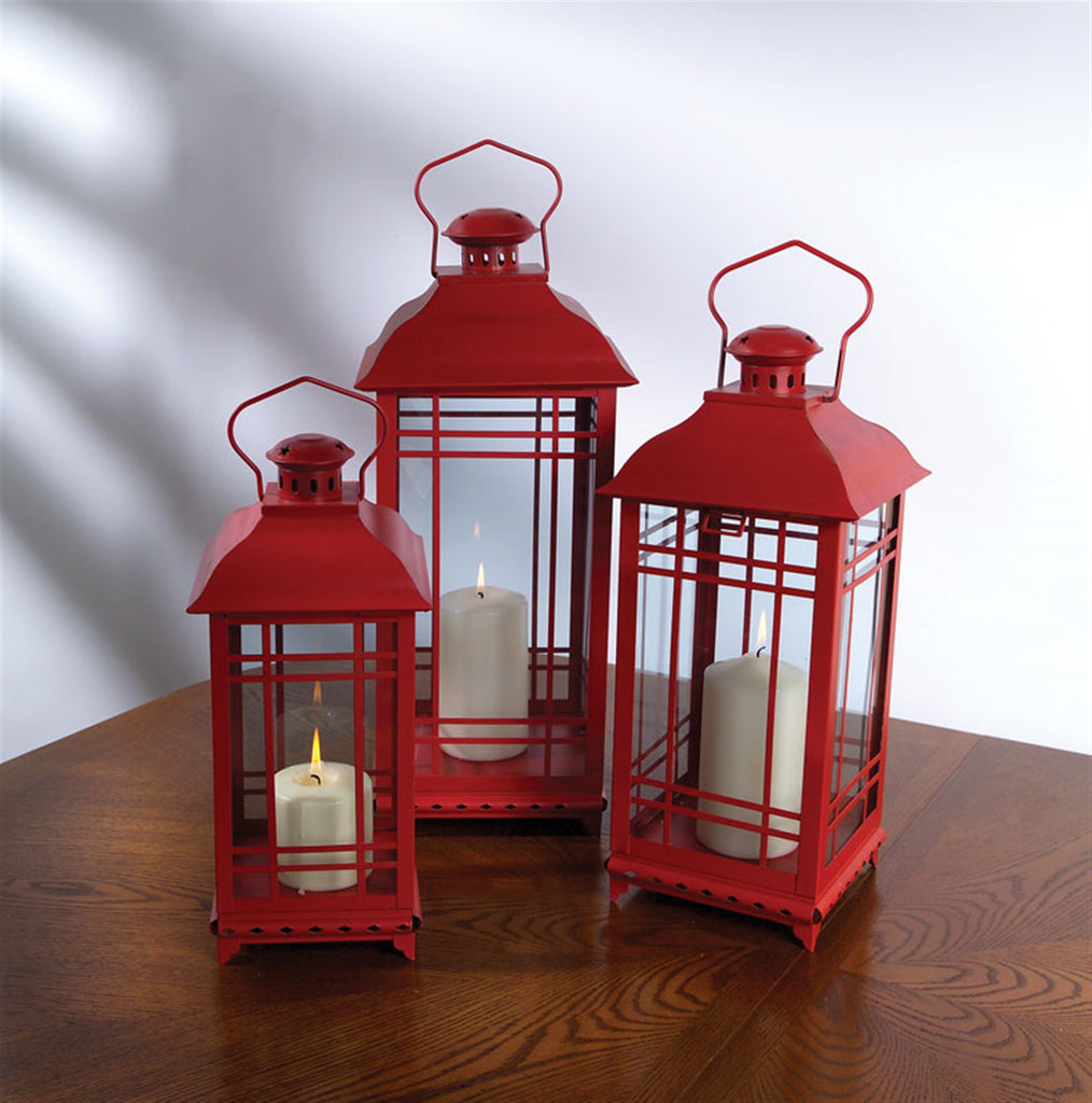 Set of 3 Red Metal Lantern - Bombay Mercantile
