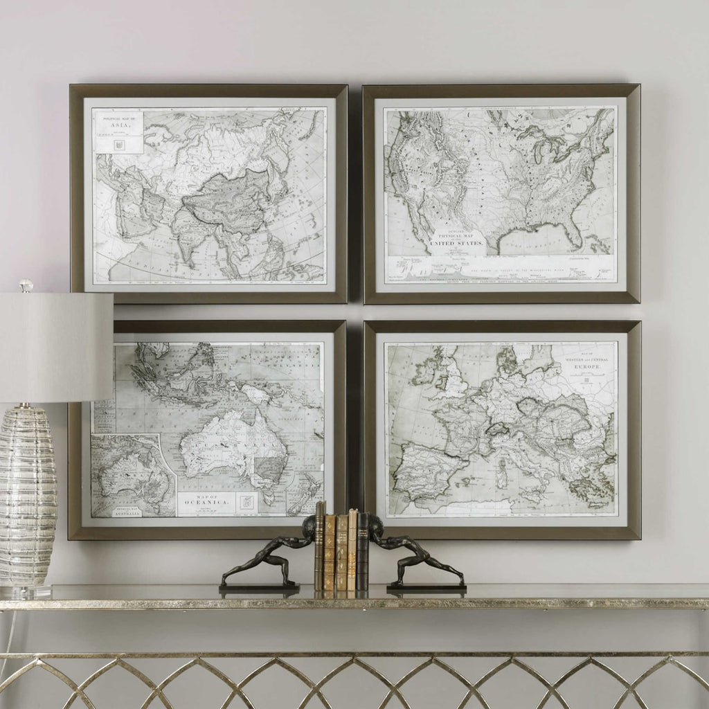 World Maps Framed Prints Set of 4 - Bombay Mercantile