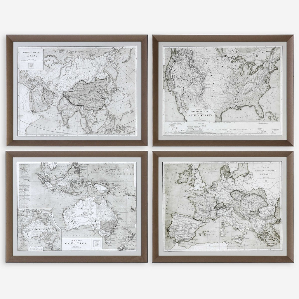 World Maps Framed Prints Set of 4 - Bombay Mercantile