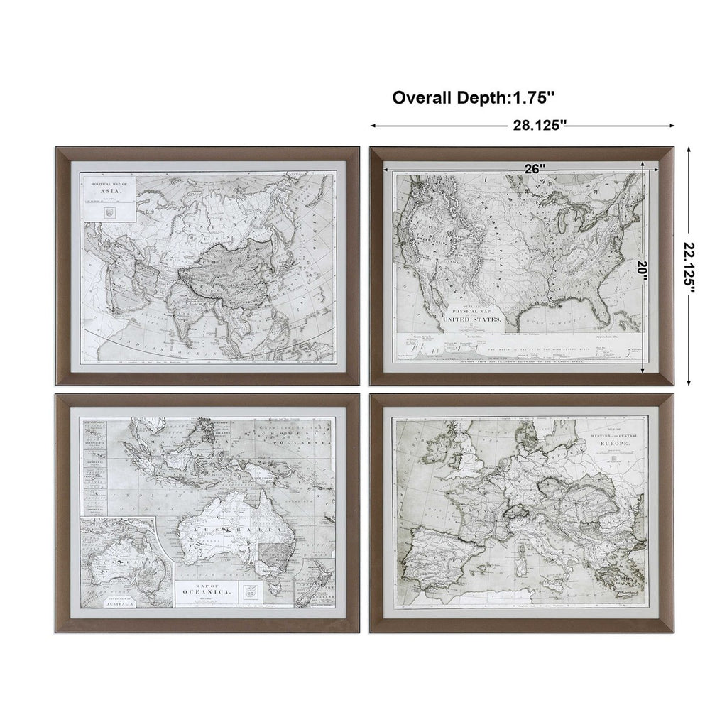 World Maps Framed Prints Set of 4 - Bombay Mercantile