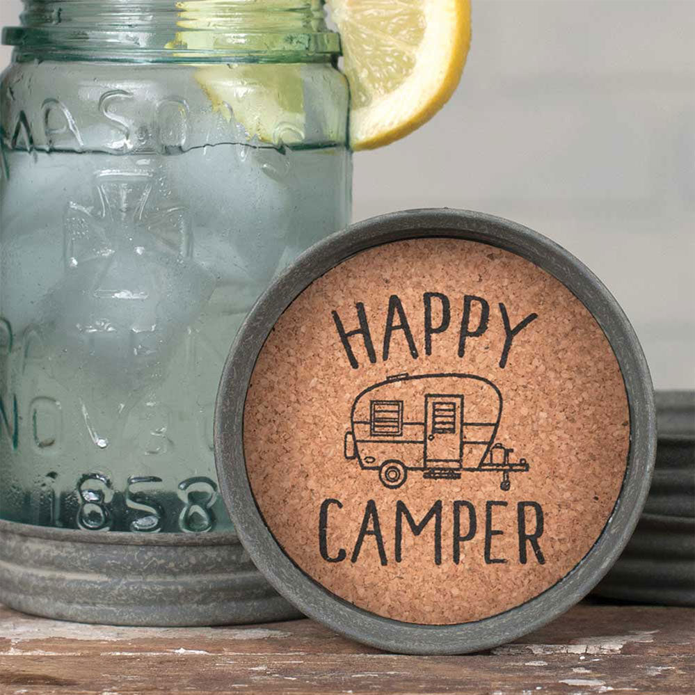 Mason Jar Lid Coaster - Happy Camper - Box of 4 - Bombay Mercantile