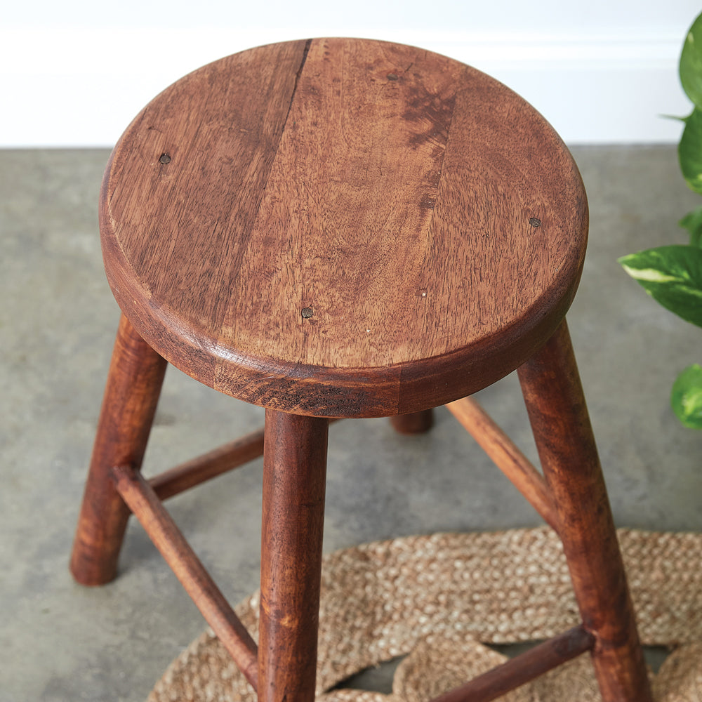 Vintage-Inspired Polished Wooden Stool - Bombay Mercantile