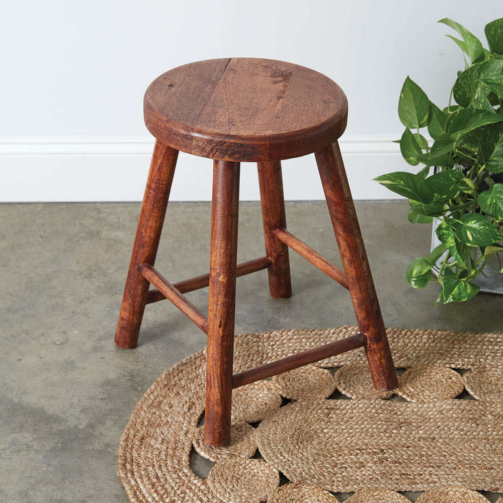 Vintage-Inspired Polished Wooden Stool - Bombay Mercantile