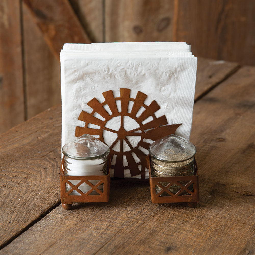 Windmill & Silo Salt Pepper and Napkin Caddy - Bombay Mercantile