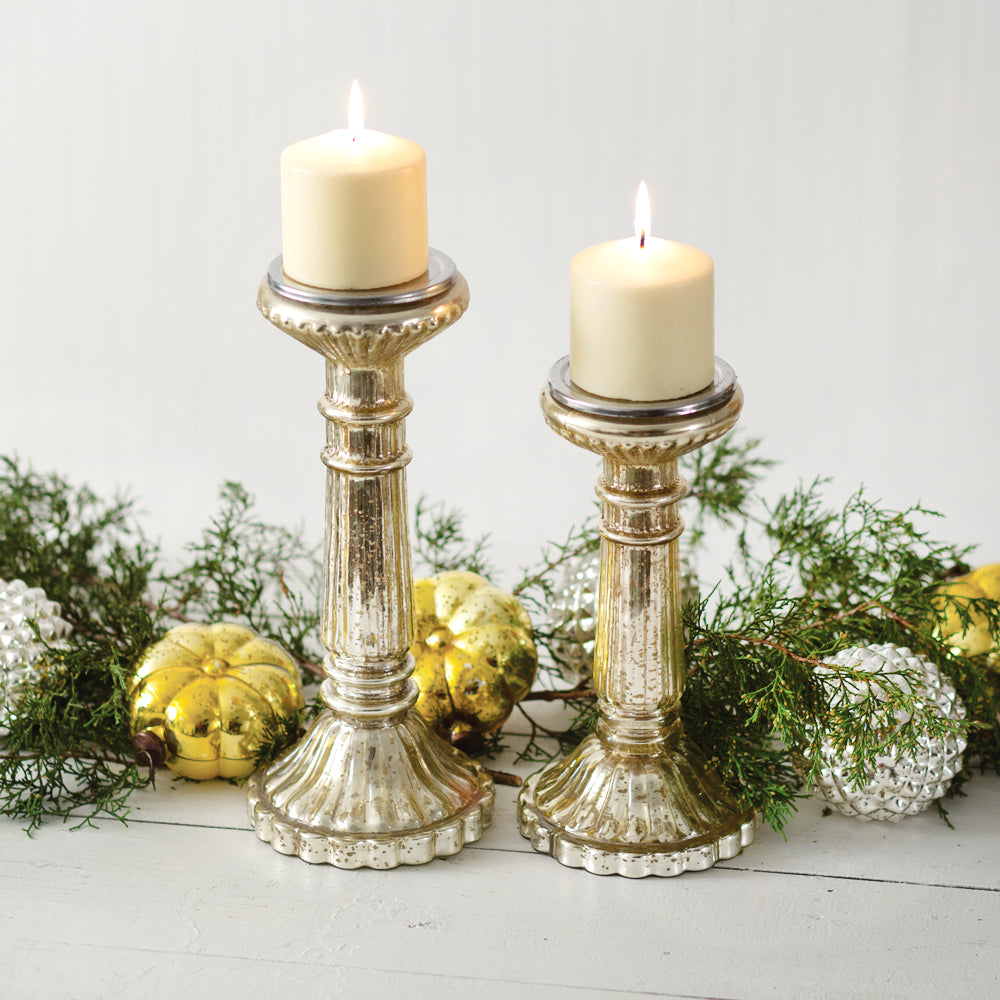 Set of Two Mercury Glass Pillar Candle Holders - Bombay Mercantile