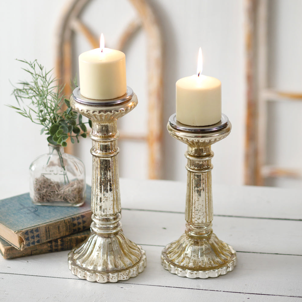 Set of Two Mercury Glass Pillar Candle Holders - Bombay Mercantile