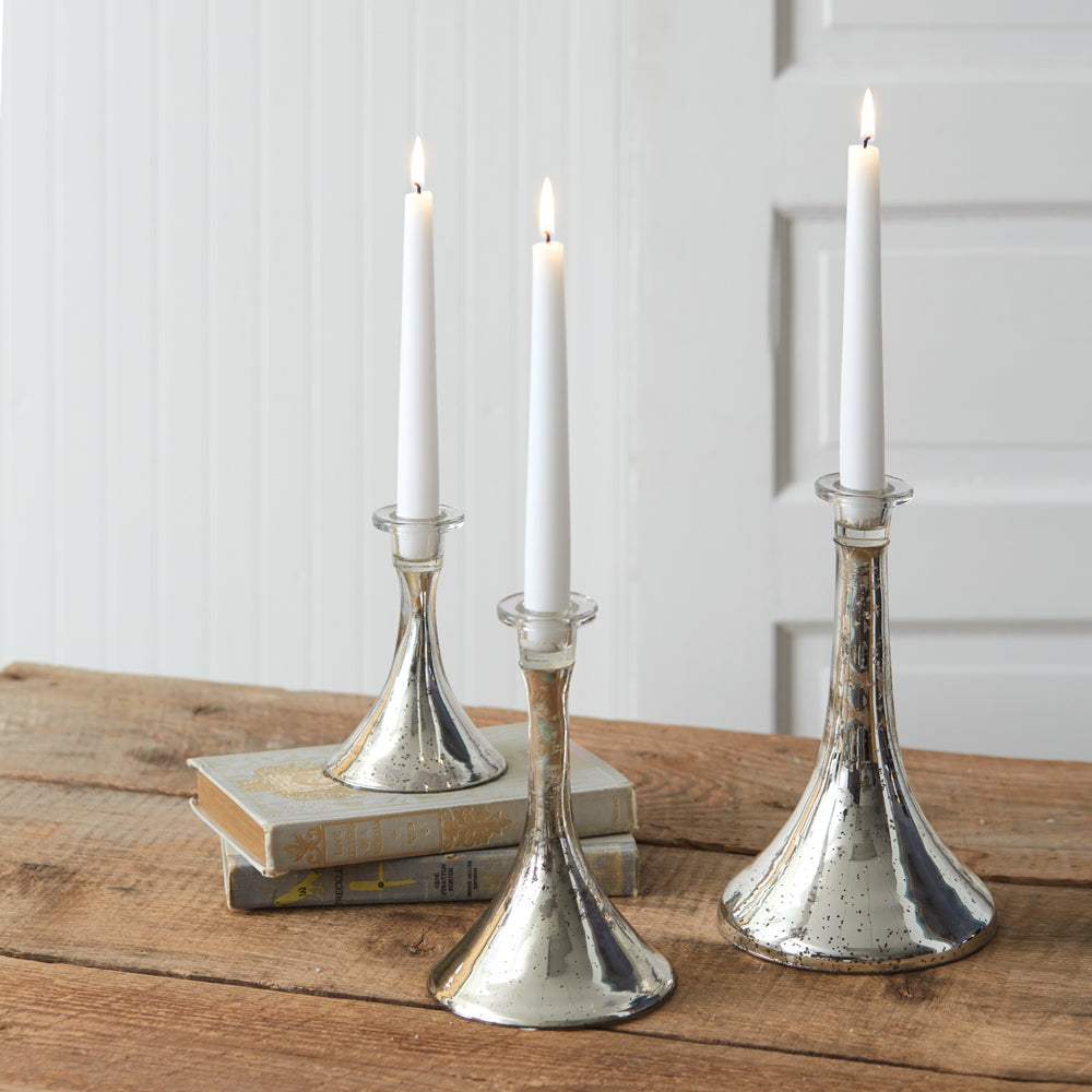Set of Three Silver Mercury Glass Taper Candle Holders - Bombay Mercantile