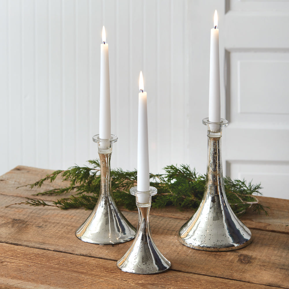 Set of Three Silver Mercury Glass Taper Candle Holders - Bombay Mercantile