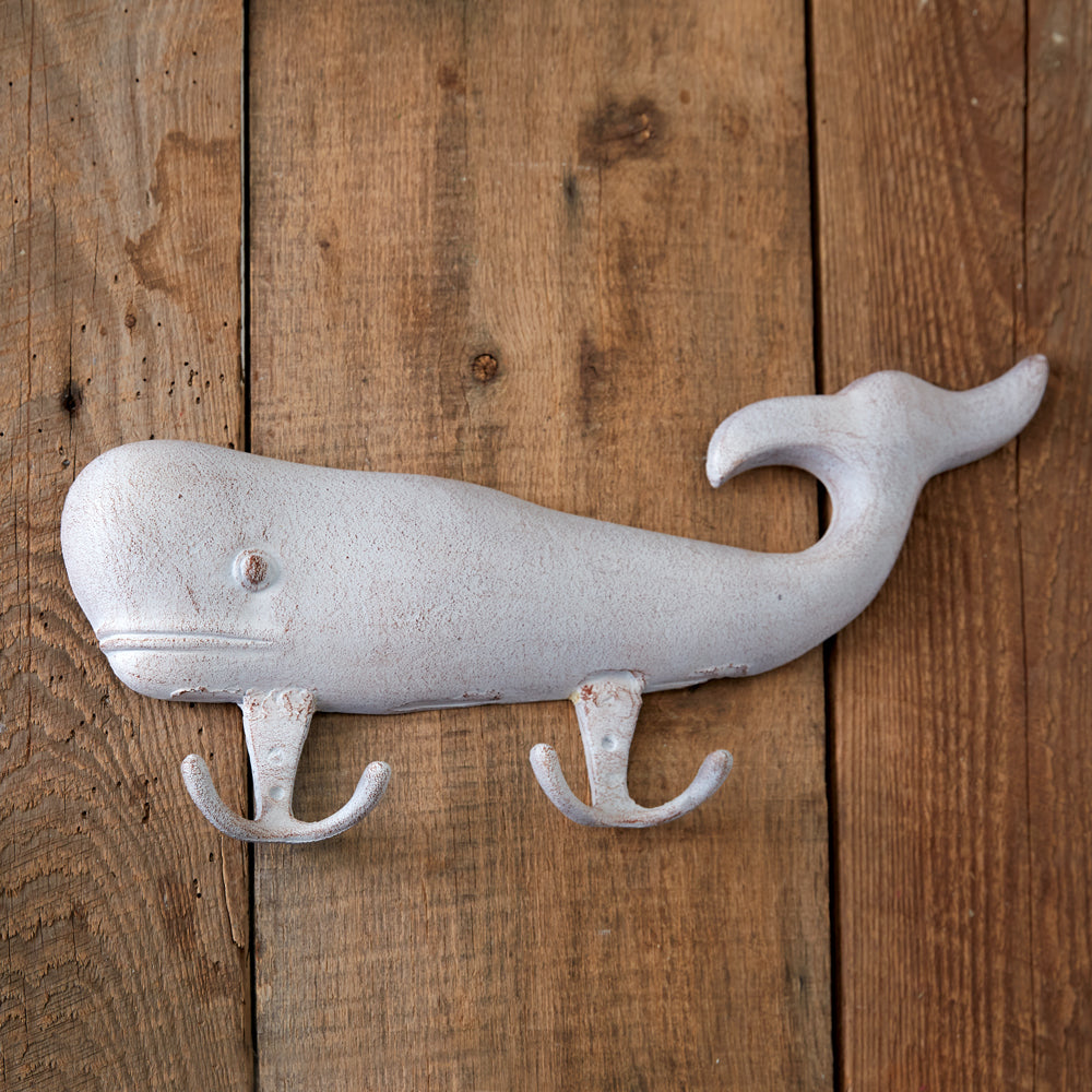 Whitewashed Cast Iron Whale with Double Hooks - Bombay Mercantile