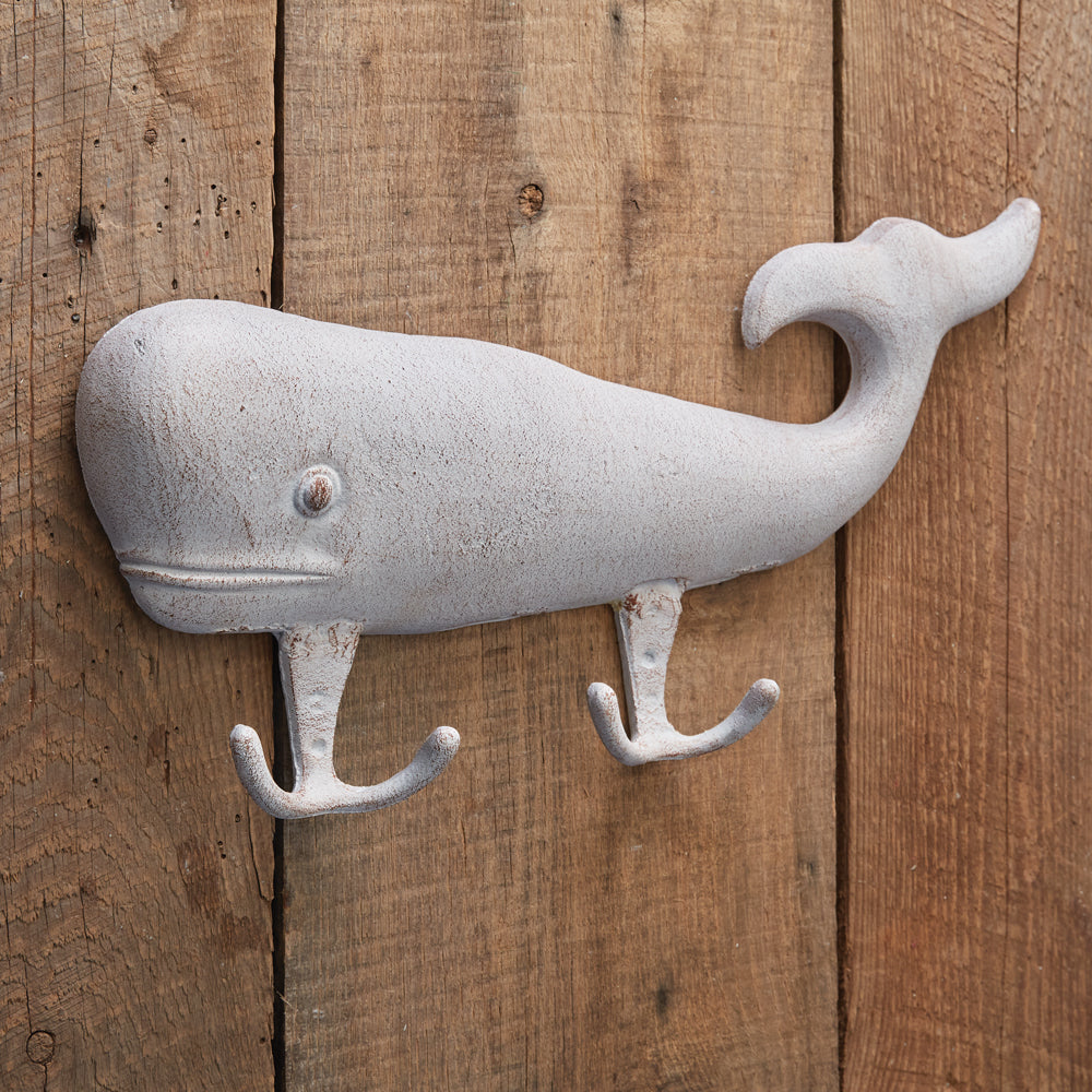 Whitewashed Cast Iron Whale with Double Hooks - Bombay Mercantile