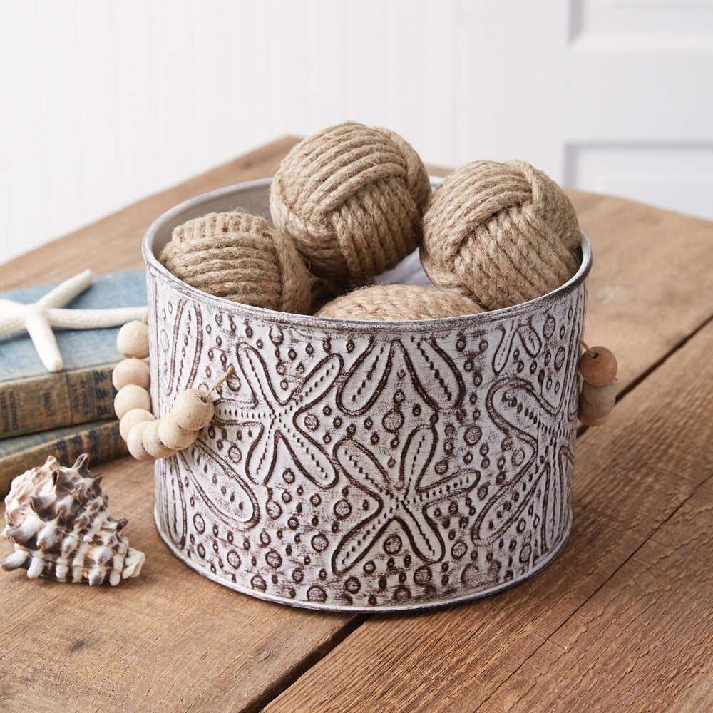 Starfish Stamped Metal Bucket with Wood Bead Handles - Bombay Mercantile