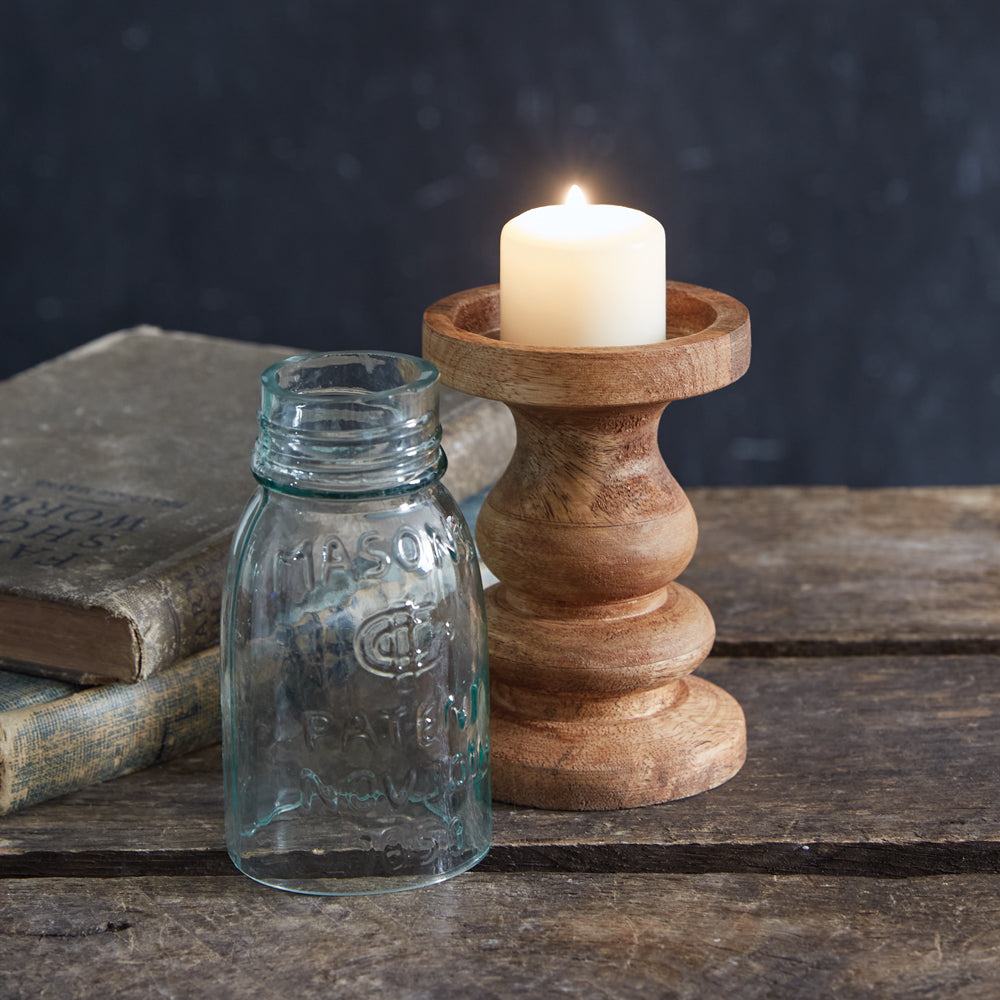 Wooden Candle Holder with Mason Jar Chimney - Quarter Pint - Bombay Mercantile