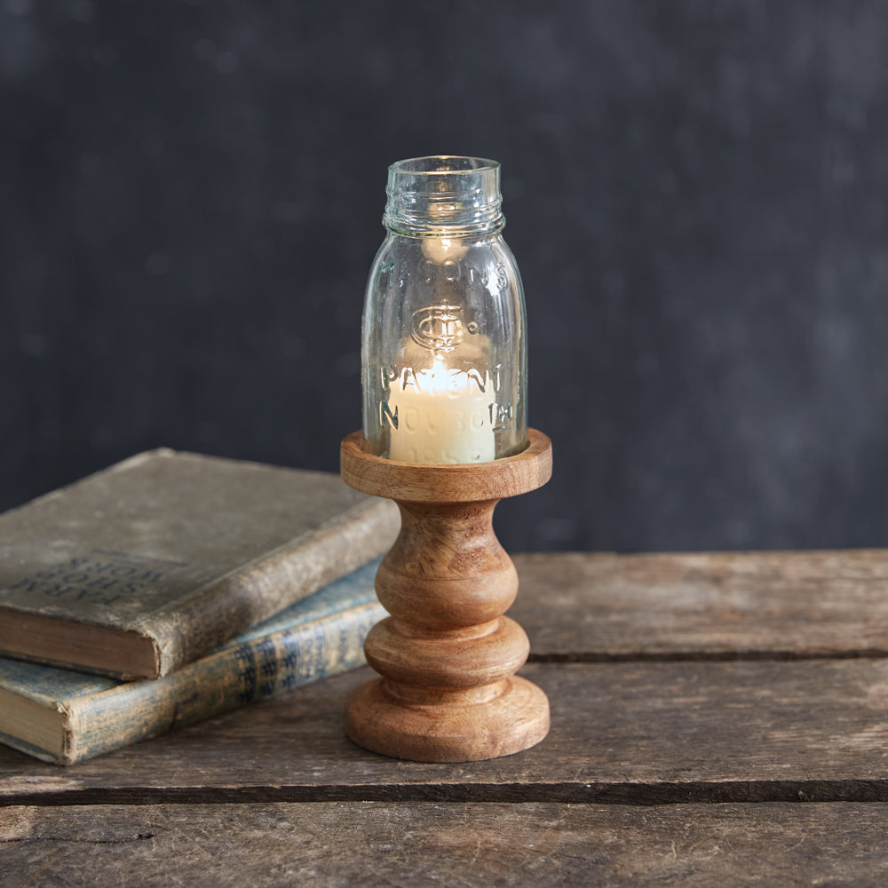 Wooden Candle Holder with Mason Jar Chimney - Quarter Pint - Bombay Mercantile