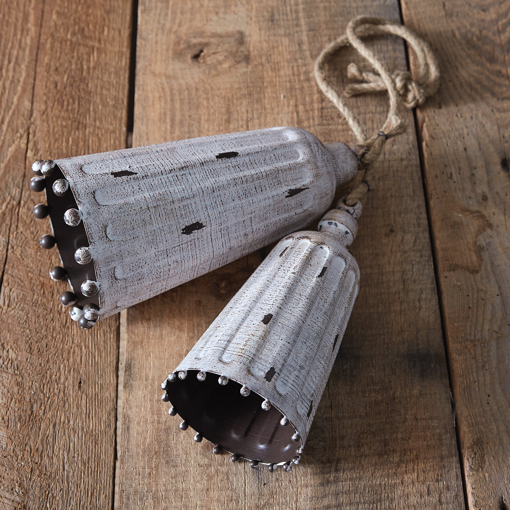 Set of Two Whitewashed Metal Bells - Bombay Mercantile