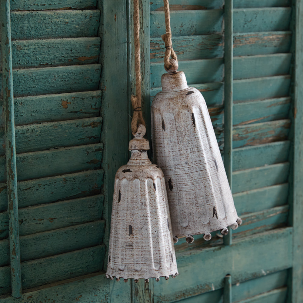 Set of Two Whitewashed Metal Bells - Bombay Mercantile