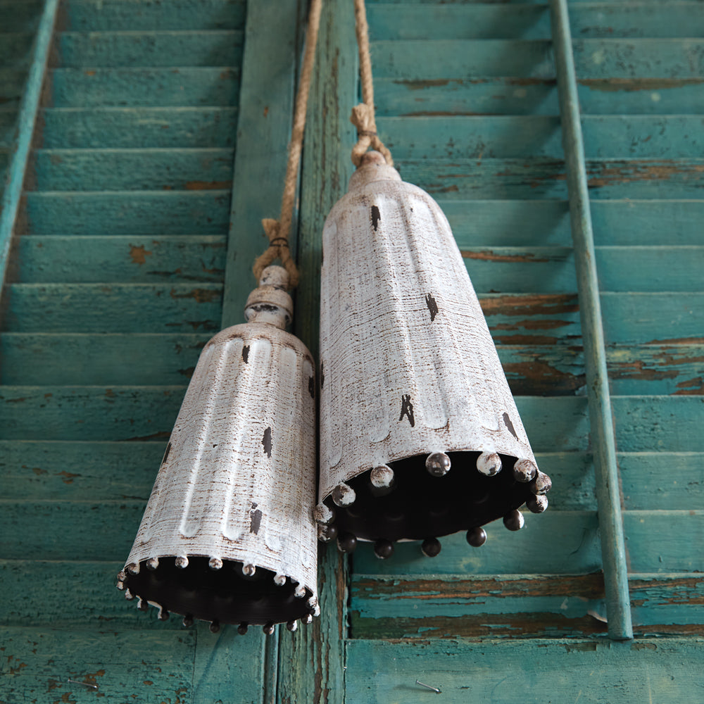 Set of Two Whitewashed Metal Bells - Bombay Mercantile