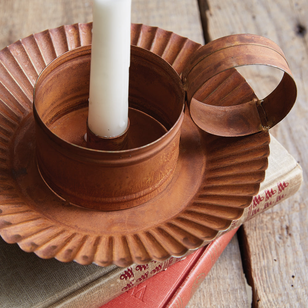 Rustic Chamberstick Candle Holder with Glass Hurricane - Bombay Mercantile