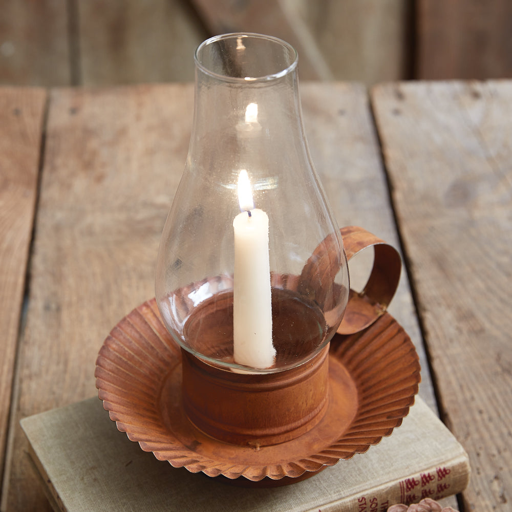 Rustic Chamberstick Candle Holder with Glass Hurricane - Bombay Mercantile