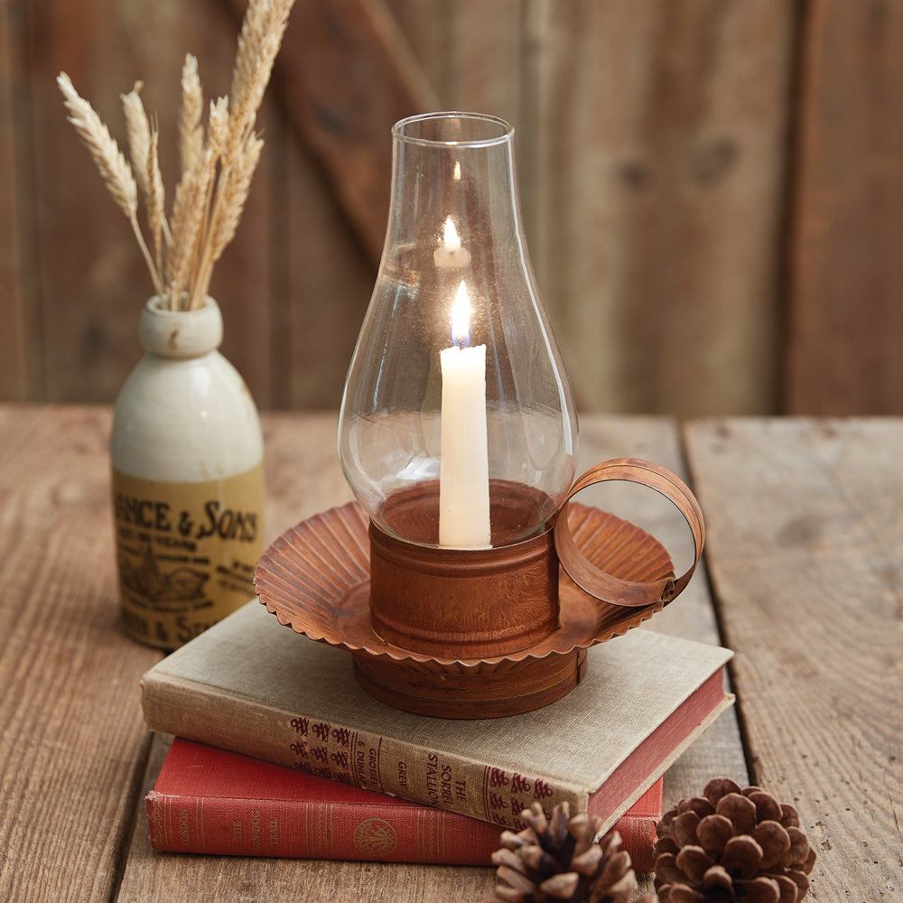 Rustic Chamberstick Candle Holder with Glass Hurricane - Bombay Mercantile