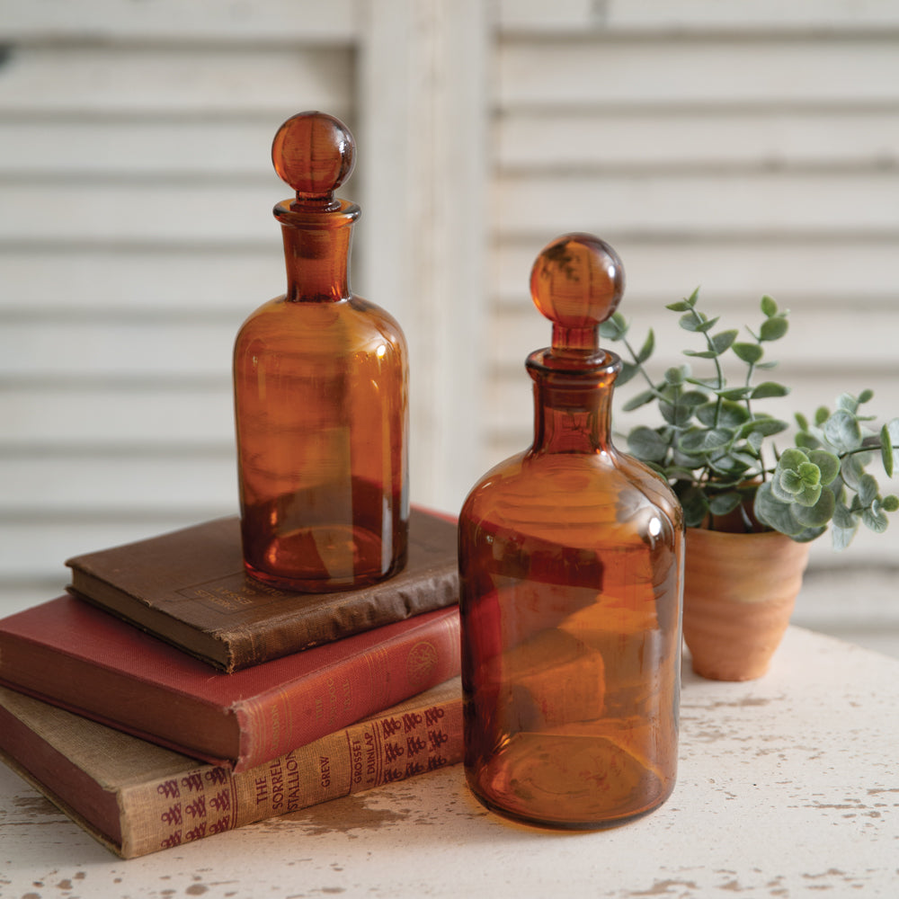 Set of Two Amber Glass Bottles with Stoppers - Bombay Mercantile