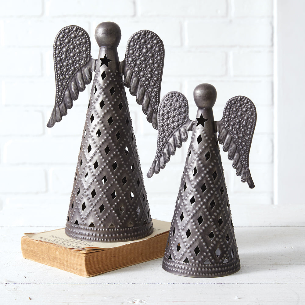 Set of Two Pressed Tin Tabletop Angels - Bombay Mercantile