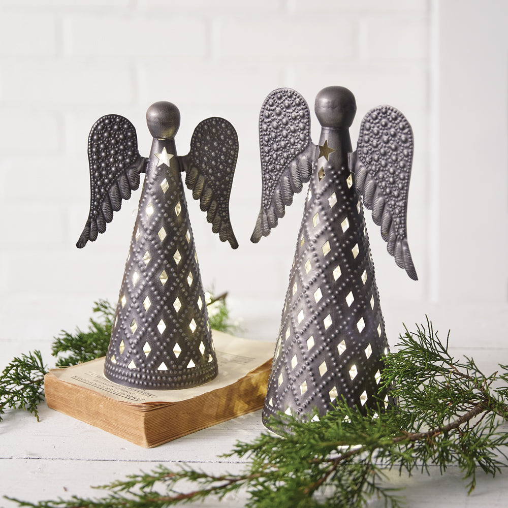 Set of Two Pressed Tin Tabletop Angels - Bombay Mercantile