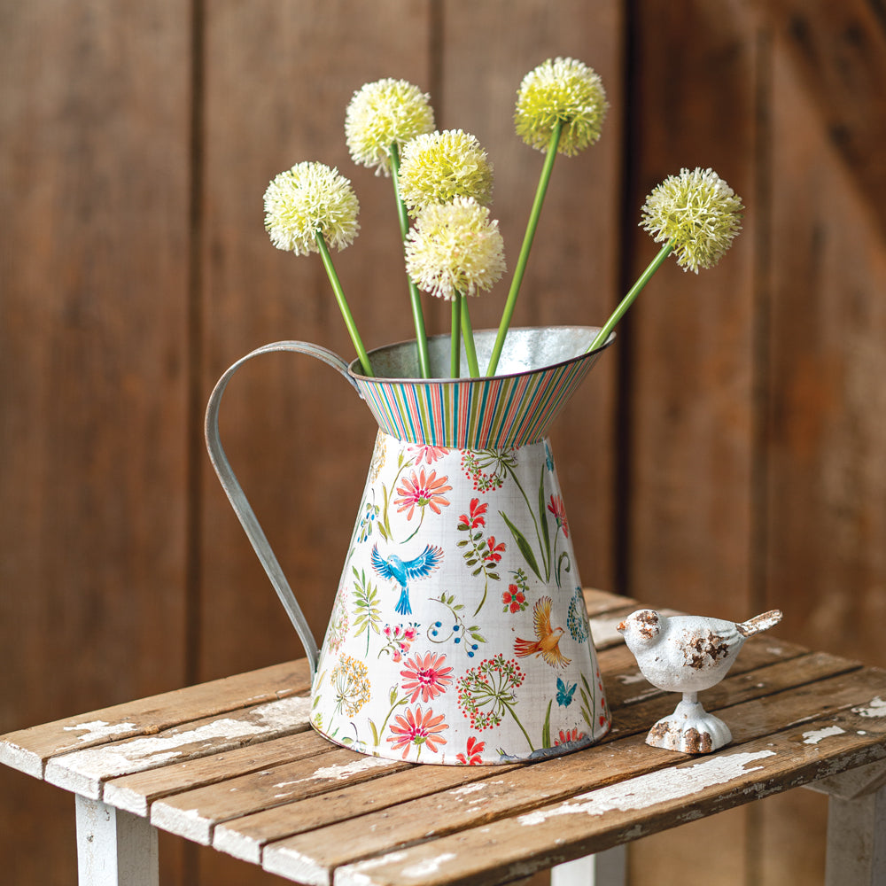 Tall Metal Pitcher with Floral Design - Bombay Mercantile