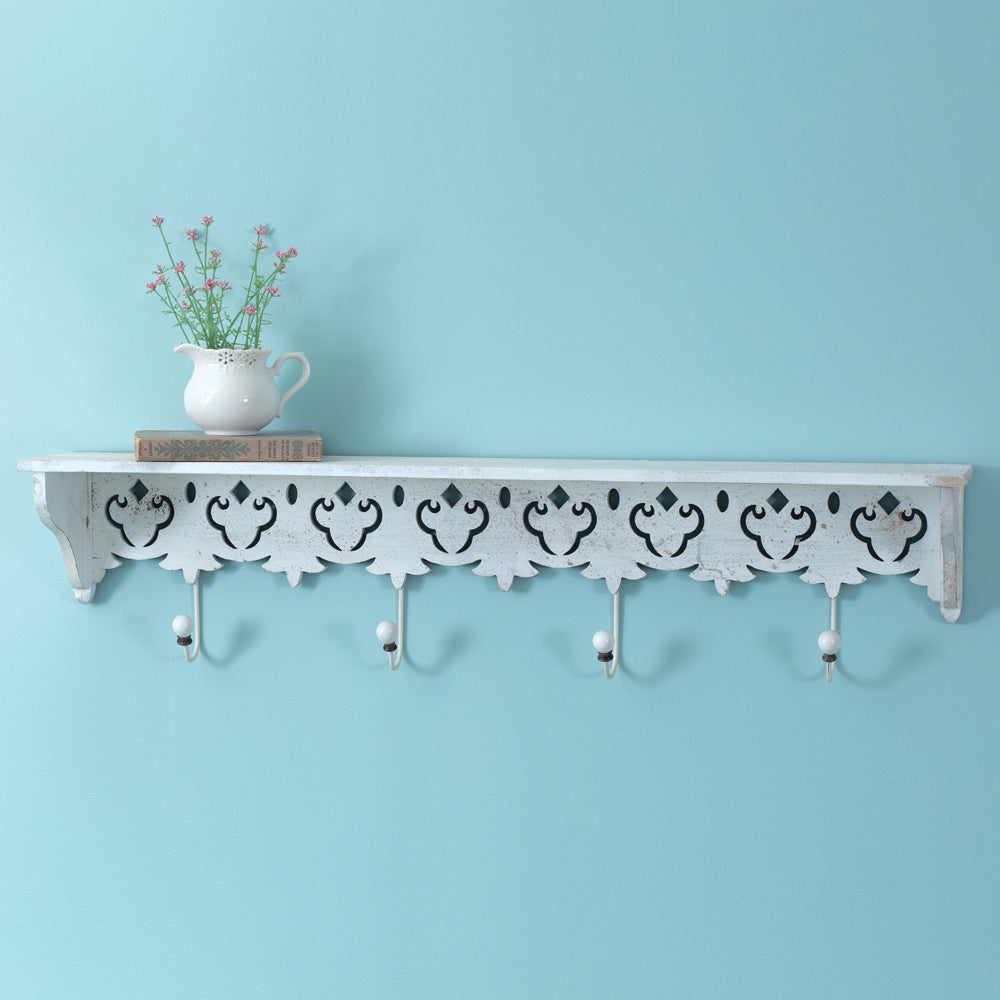 Maribelle Wood Wall Shelf with Four Hooks - Bombay Mercantile