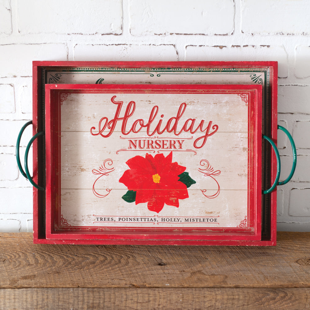 Set of Two Wood Holiday Serving Trays - Bombay Mercantile