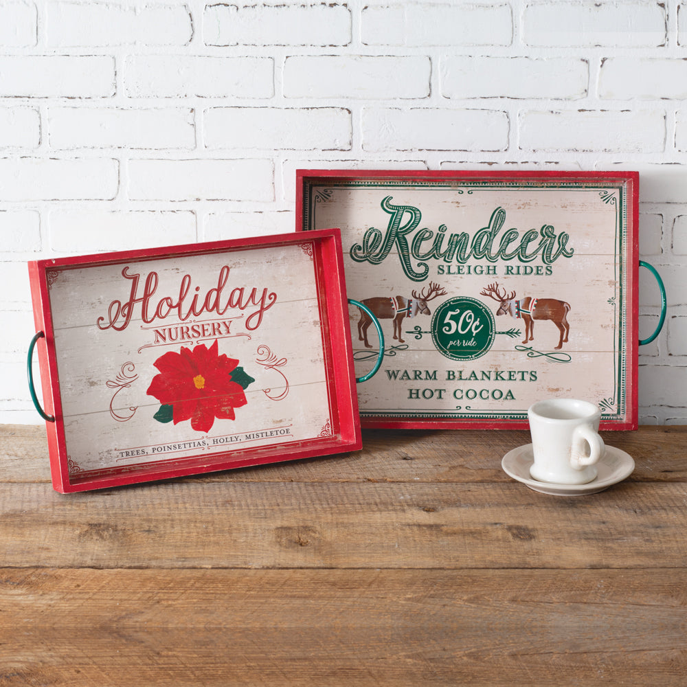 Set of Two Wood Holiday Serving Trays - Bombay Mercantile