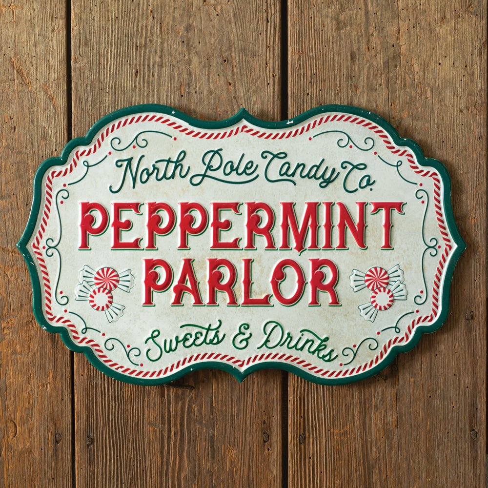 North Pole Peppermint Parlor Metal Wall Sign - Bombay Mercantile