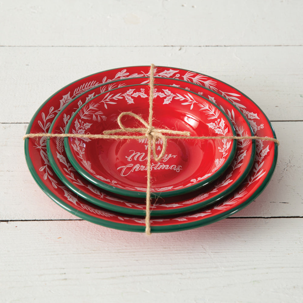 Set of Three Wishing You A Merry Christmas Enameled Dishes - Bombay Mercantile