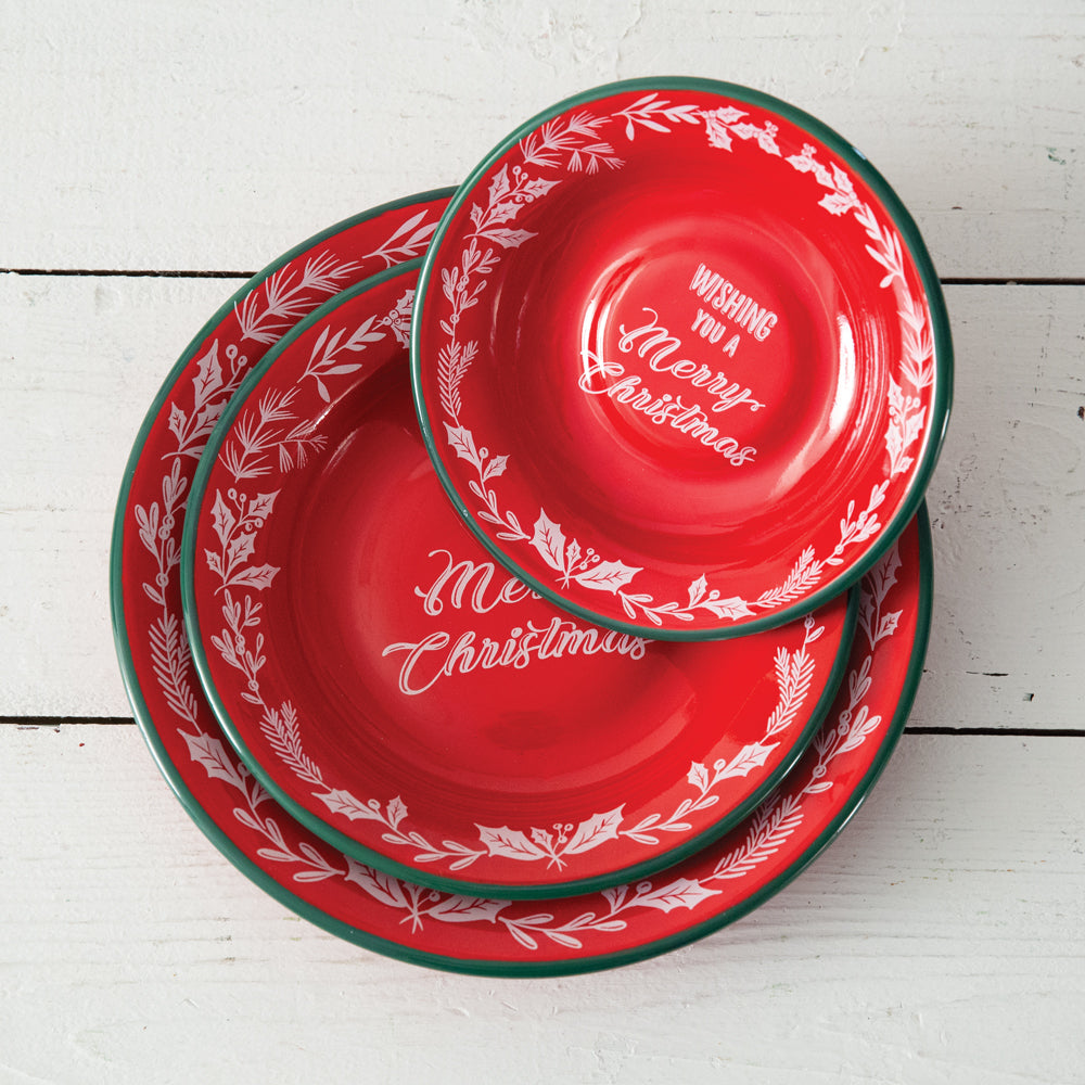 Set of Three Wishing You A Merry Christmas Enameled Dishes - Bombay Mercantile