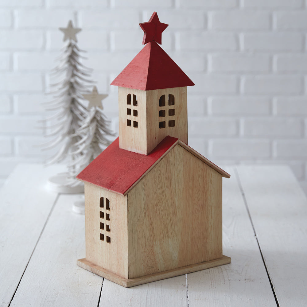 Wooden Holiday Schoolhouse Lantern - Bombay Mercantile