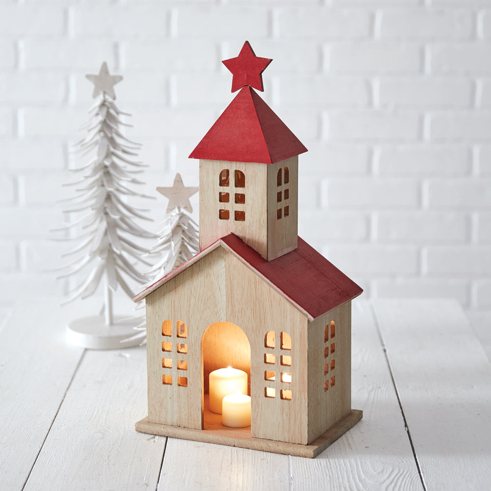 Wooden Holiday Schoolhouse Lantern - Bombay Mercantile