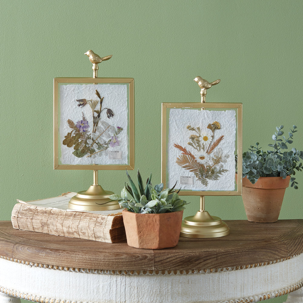 Gilded Pressed Botanical Stand - Corydalis and Chrysanthemum - Bombay Mercantile
