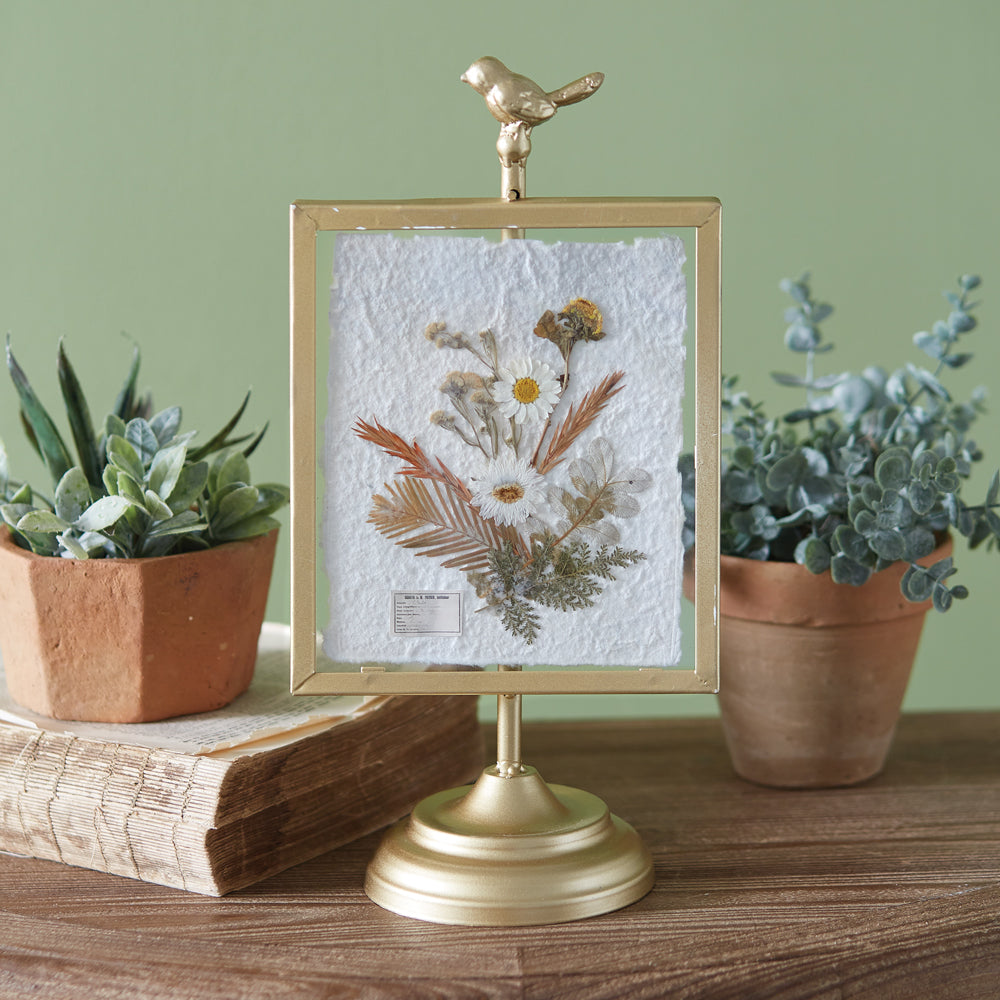Gilded Pressed Botanical Stand - Corydalis and Chrysanthemum - Bombay Mercantile