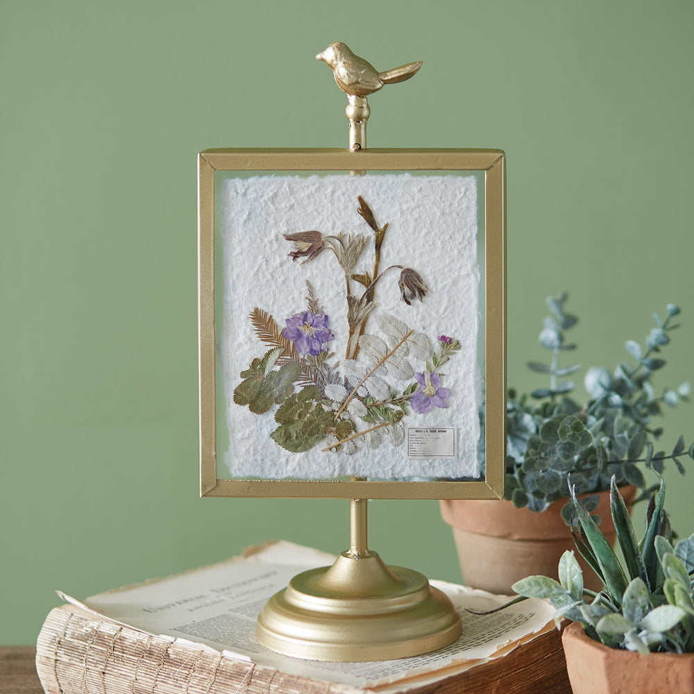 Gilded Pressed Botanical Stand - Larkspur and Strawberry Leaf - Bombay Mercantile