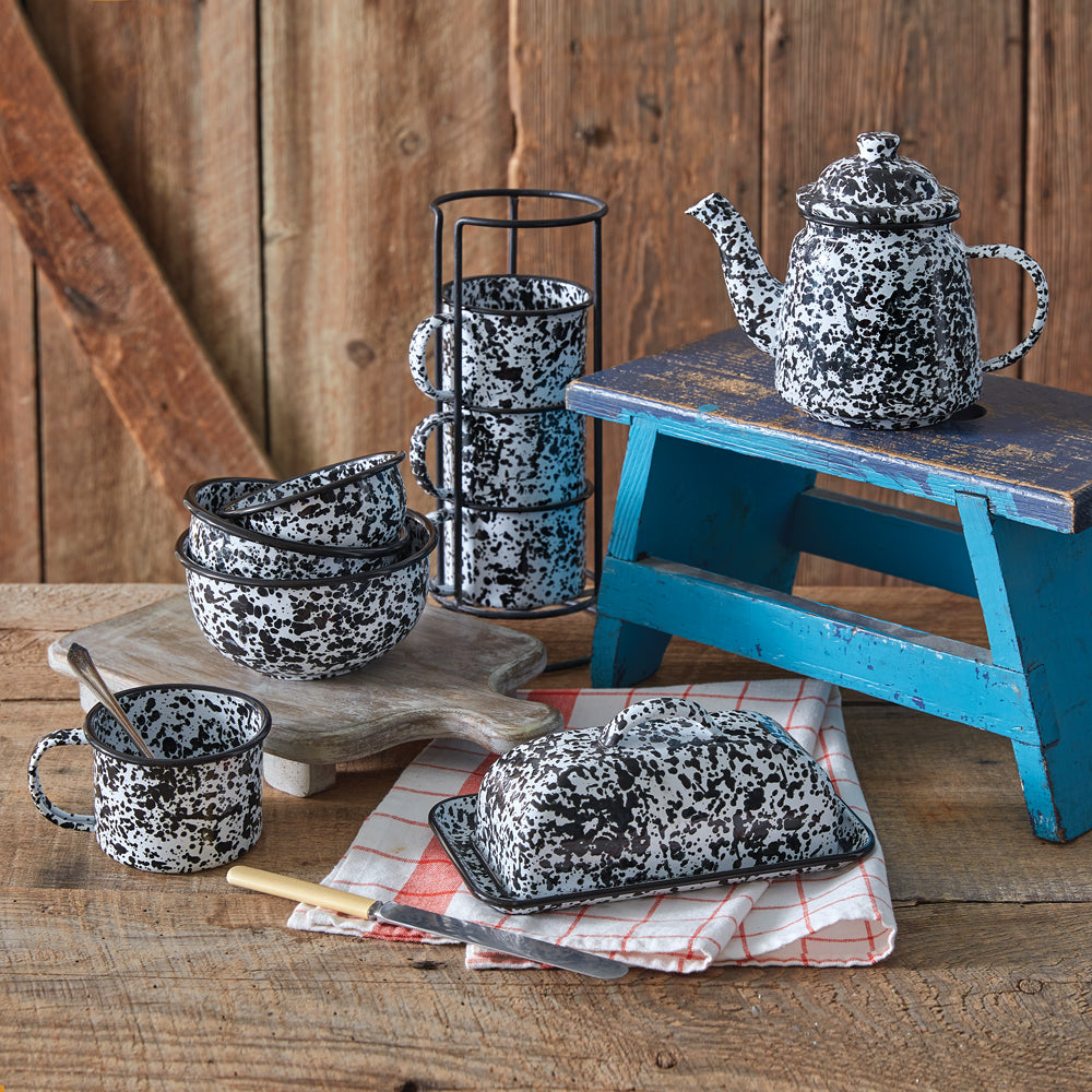 Mug Tower with Four Splattered Enamel Mugs - Bombay Mercantile