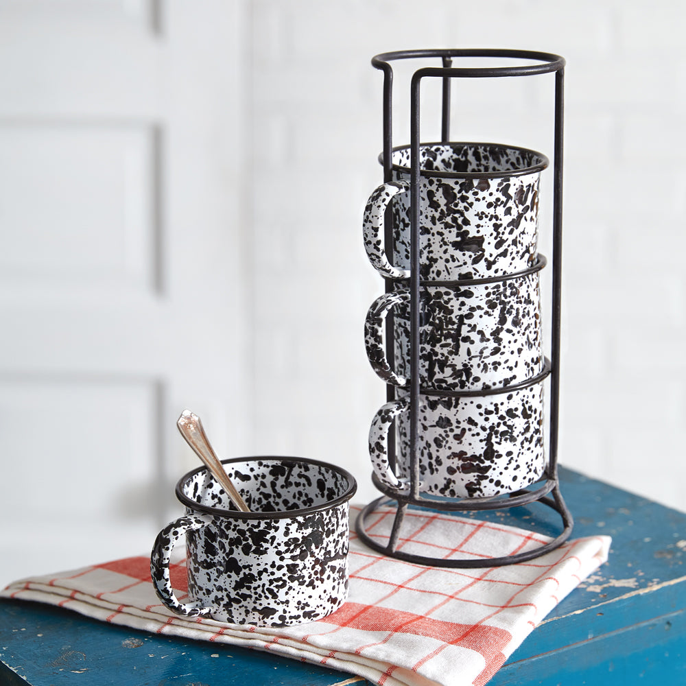 Mug Tower with Four Splattered Enamel Mugs - Bombay Mercantile