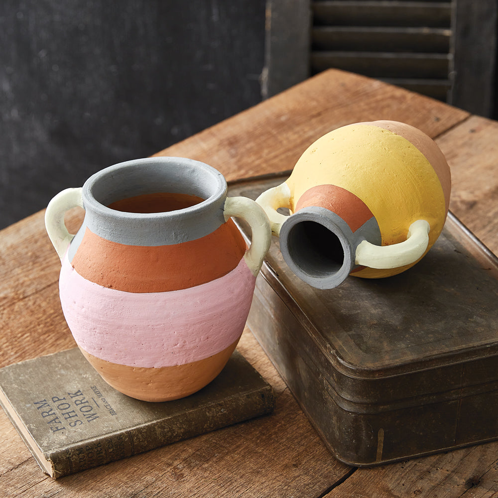 Set of Two Color Blocked Terra Cotta Vases - Bombay Mercantile