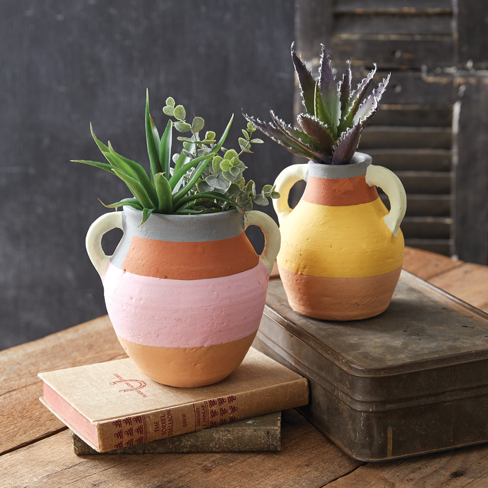 Set of Two Color Blocked Terra Cotta Vases - Bombay Mercantile