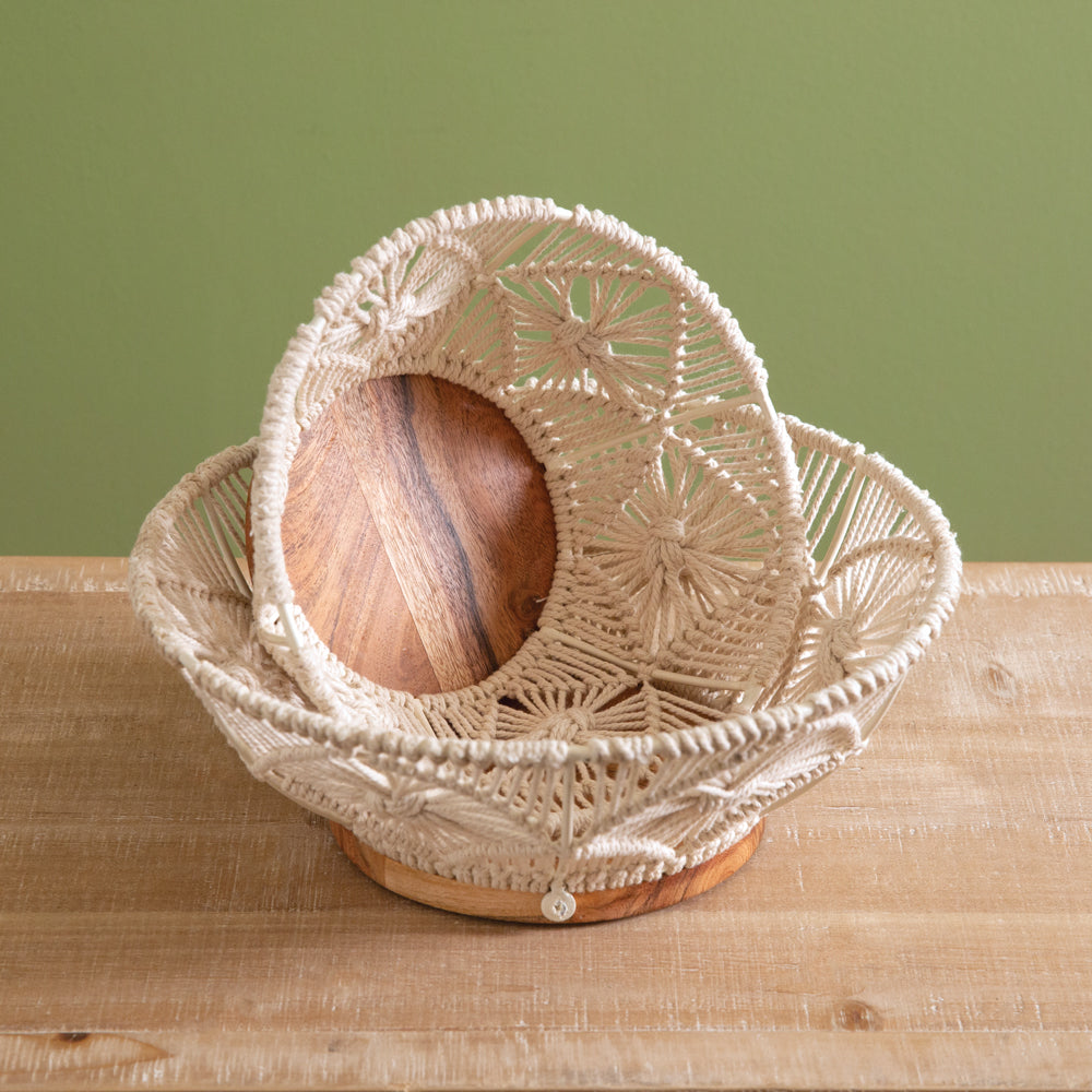 Set of Two Wood and Macrame Bowls - Bombay Mercantile